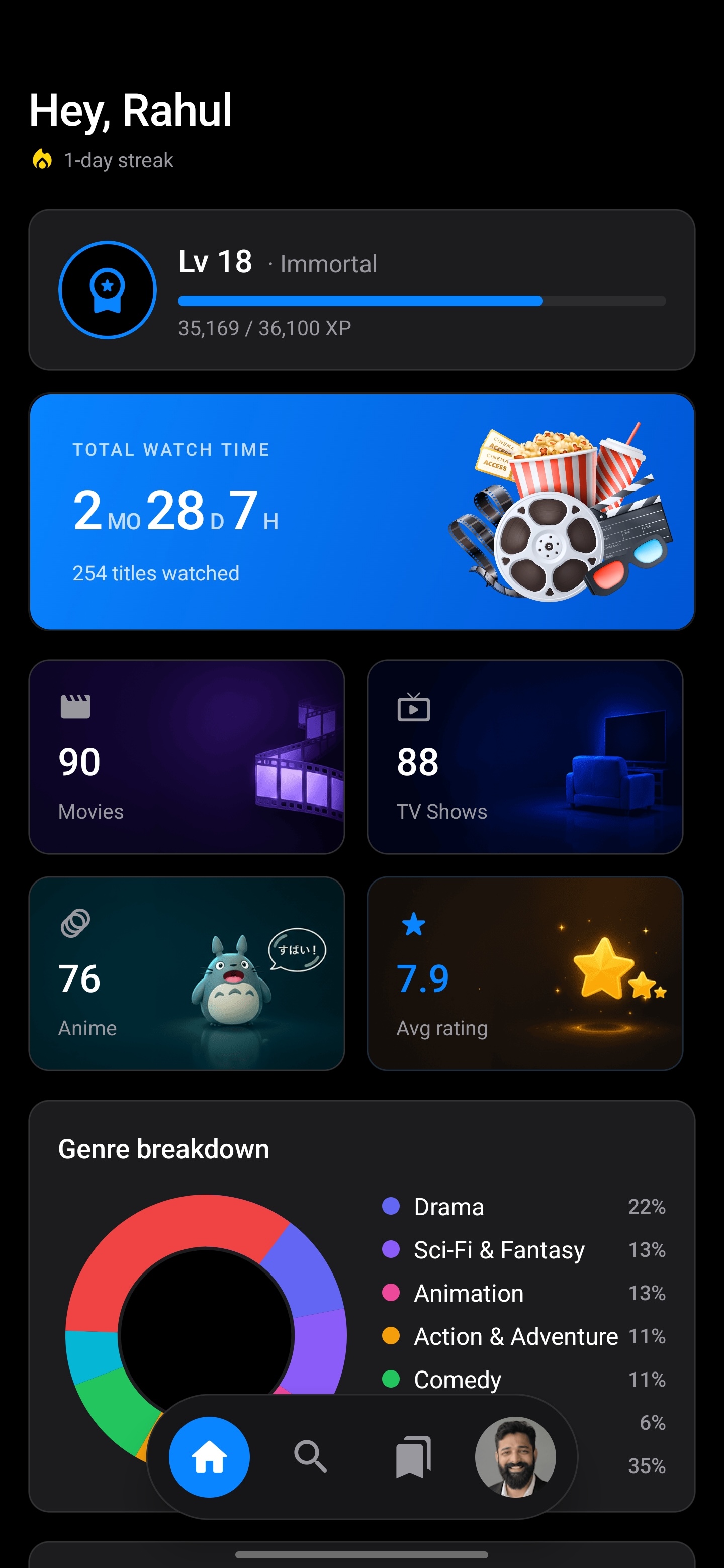 BingeMark home screen with total watch time and movie, TV show and anime stats